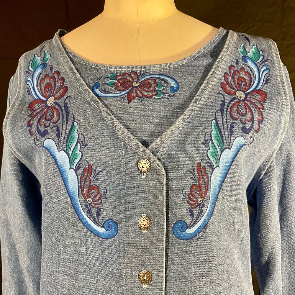 NWT VINTAGE Ethnic Norwegian Hand Painted Medium Cotton Denim Dress Vest M USA - Picture 3 of 9